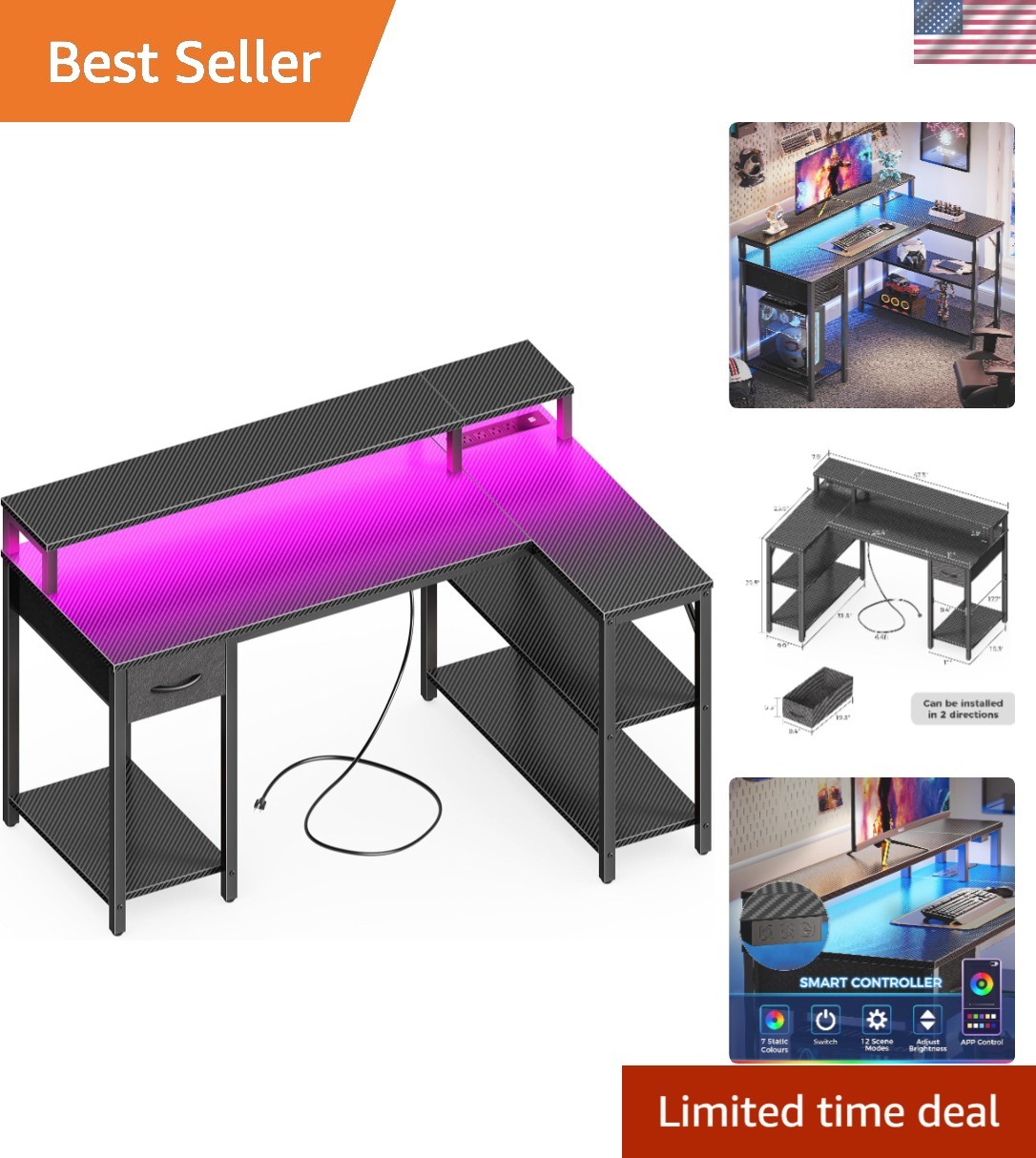 Carbon Fiber Black 47" Gaming Desk with Built-in Power Outlets & Monitor Stand