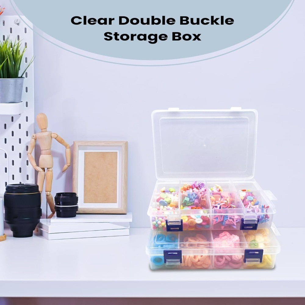Clear Plastic Storage Box 8 Grids with Adjustable Dividers Stackable 8