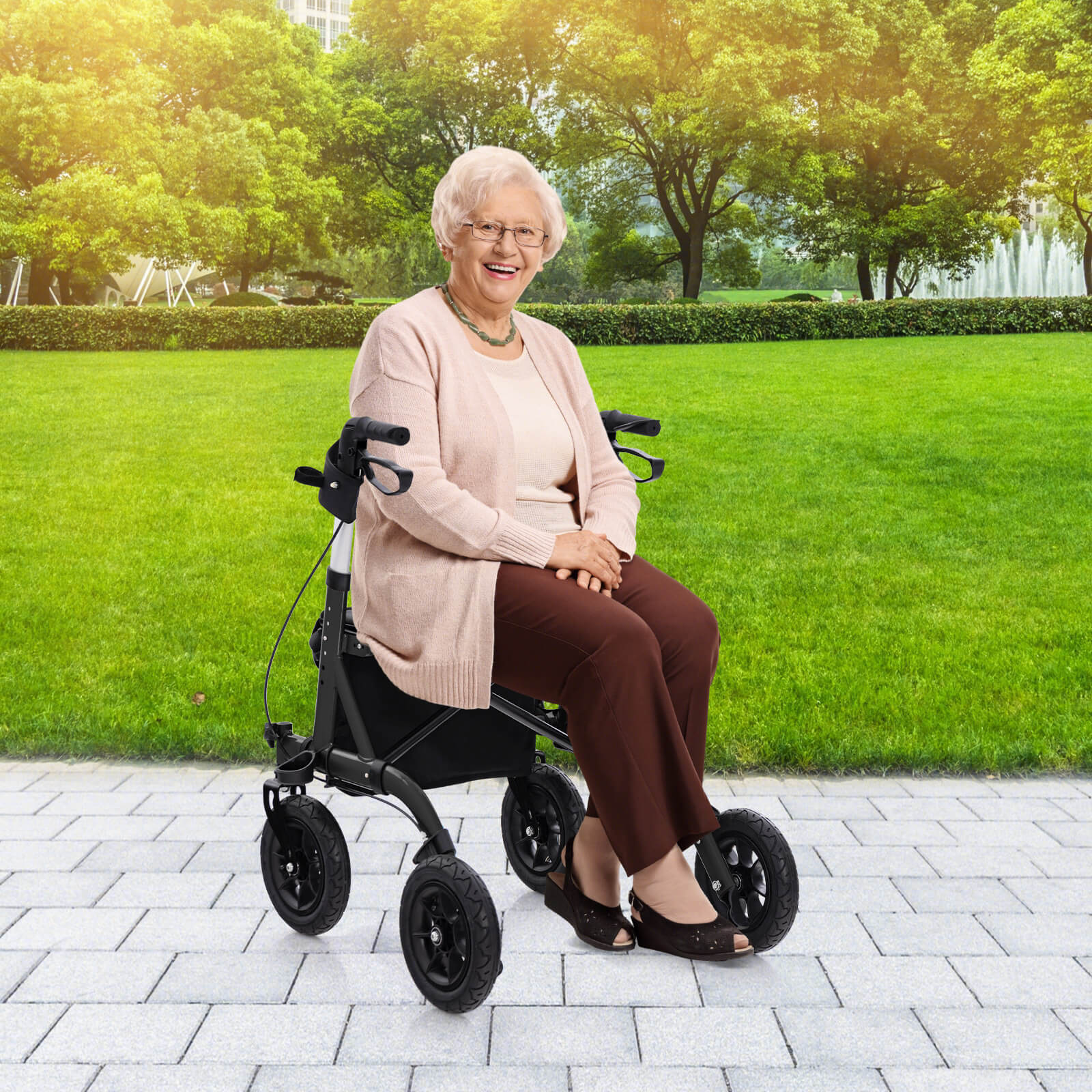 Foldable Height Adjustable Rollator Walker w/ Seat, Storage Bag for Seniors