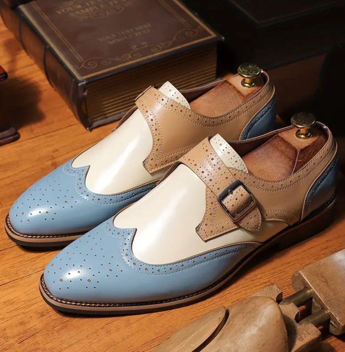 New Oxford Leather Two Tone Yellow Blue  Wingtip Brogue Dress Shoes For Men 11