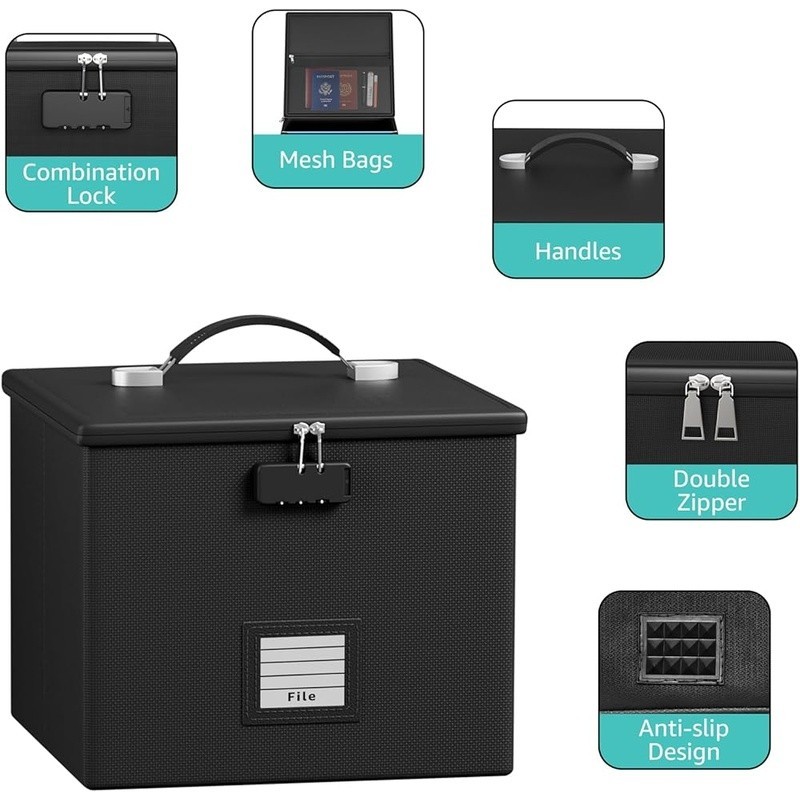 Fireproof Water Resistant File Box W/ Lock Adjustable Handle & Pockets New