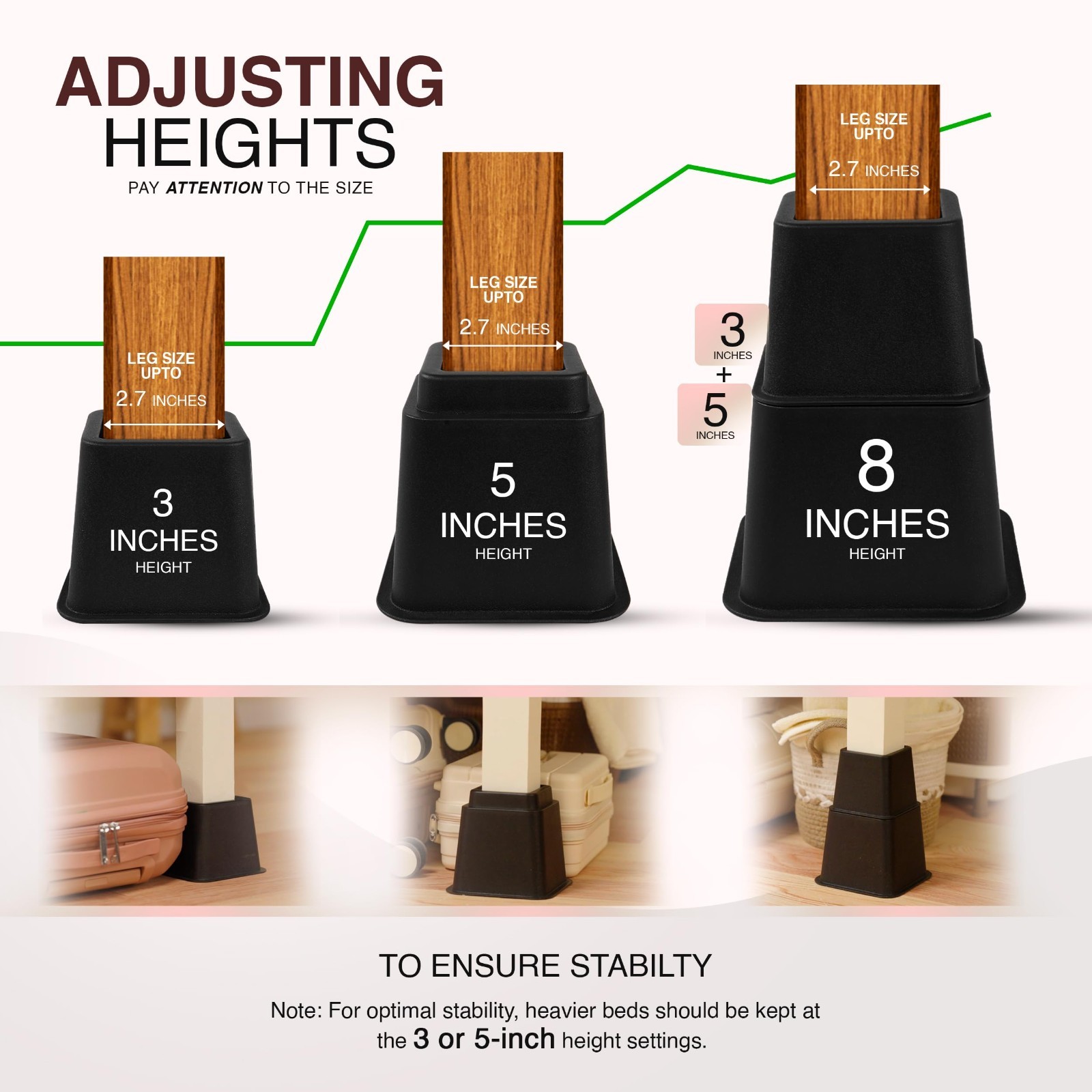 Adjustable Bed Risers 3 & 5 Inch, 1300 lbs Capacity, 4 Pack - Black Height Boost