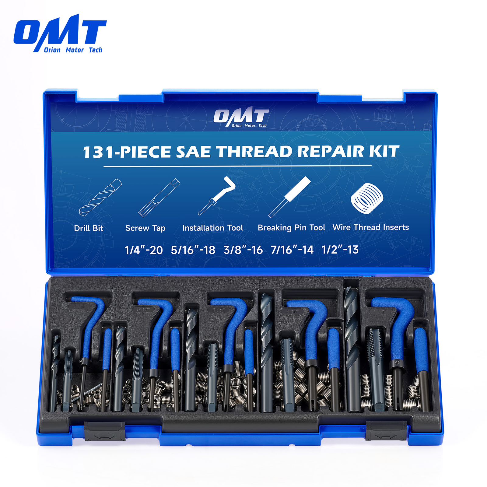 OMT 131pc Thread Repair Kit SAE Helicoil Repair Kit 1/4 5/16 3/8 7/16in 1/2in