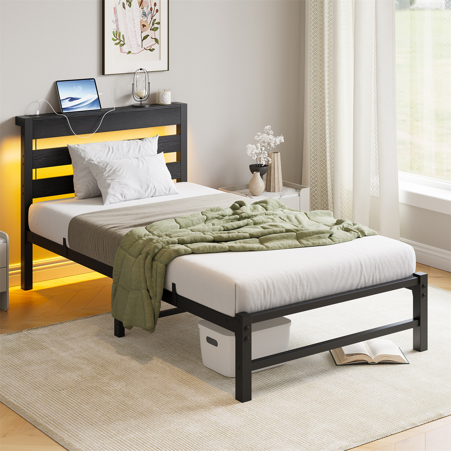Twin Size Bed Frame Metal Platform Bed with LED Lights & Charging Station US