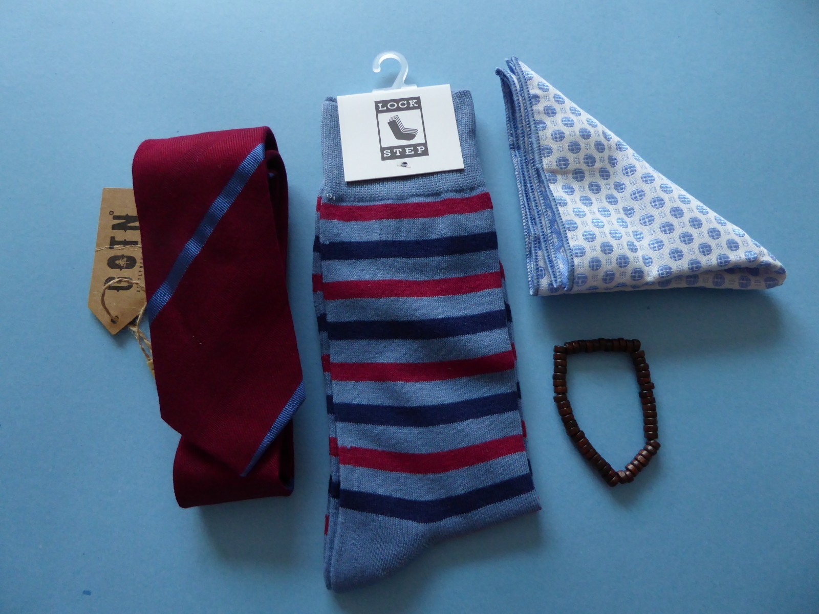 GOTN Burgundy Red Tie + Bracelet + Lock Step Sock + Soft Landing Pocket Square