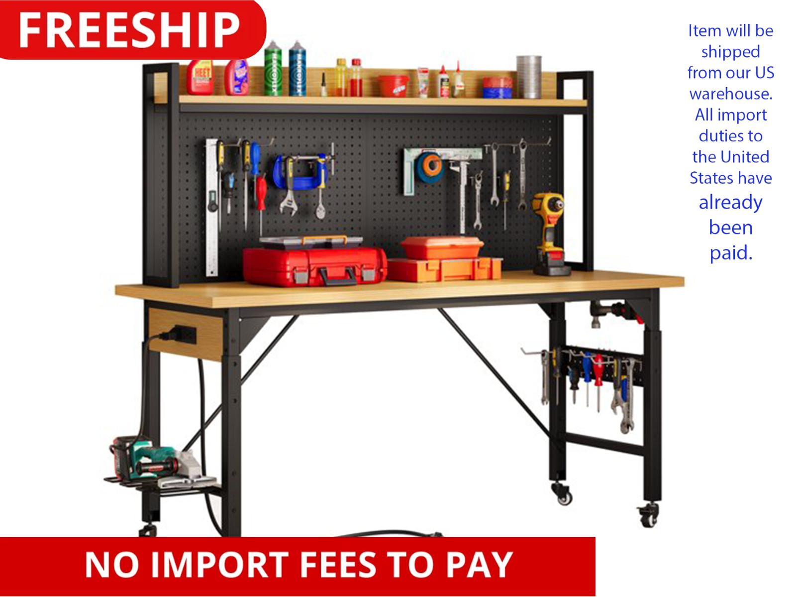 59" L Heavy-Duty Adjustable Workbench with Pegboard & Power Outlets Hooks Garage