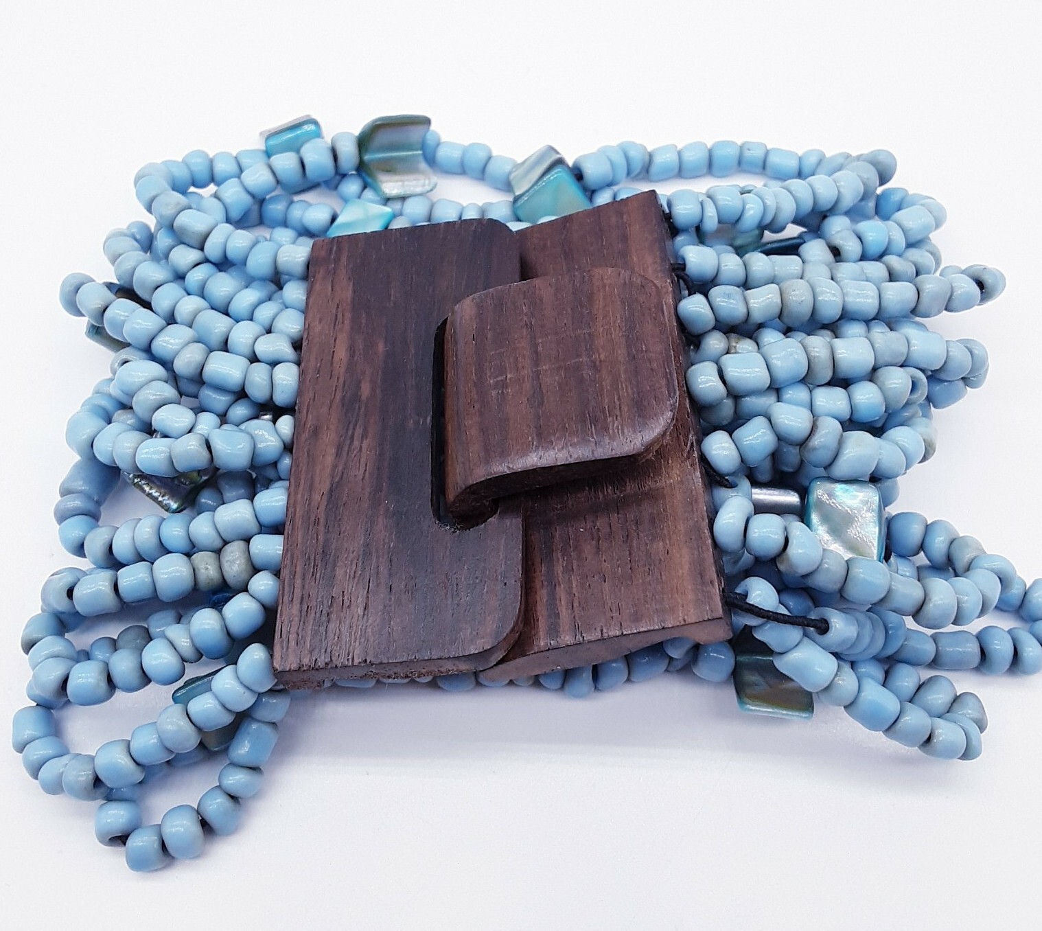 Vintage Mod beaded Bracelet Handmade Wood hook closure Stretch Bohemian blue