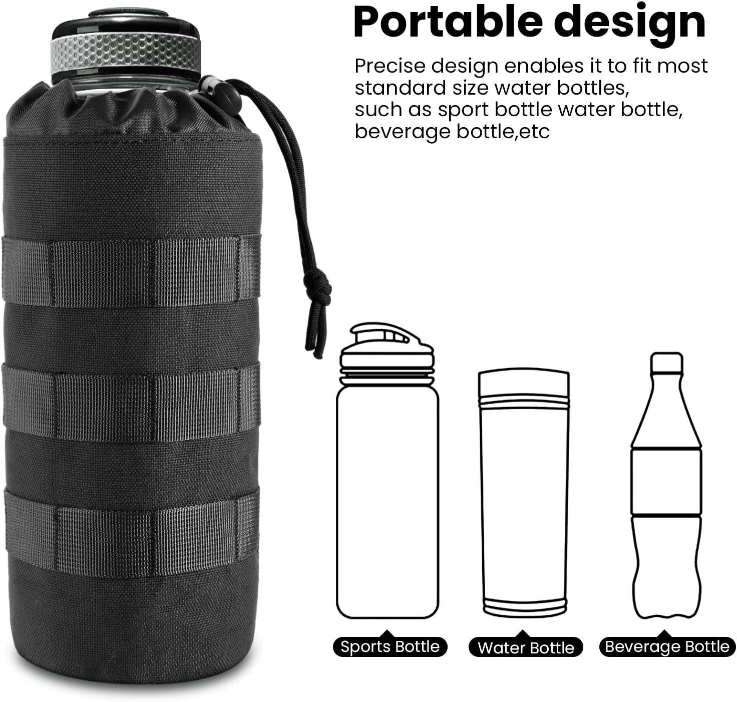 Tactical MOLLE Water Bottle Pouch with Drawstring Open Top & Mesh Bottom, Mil...