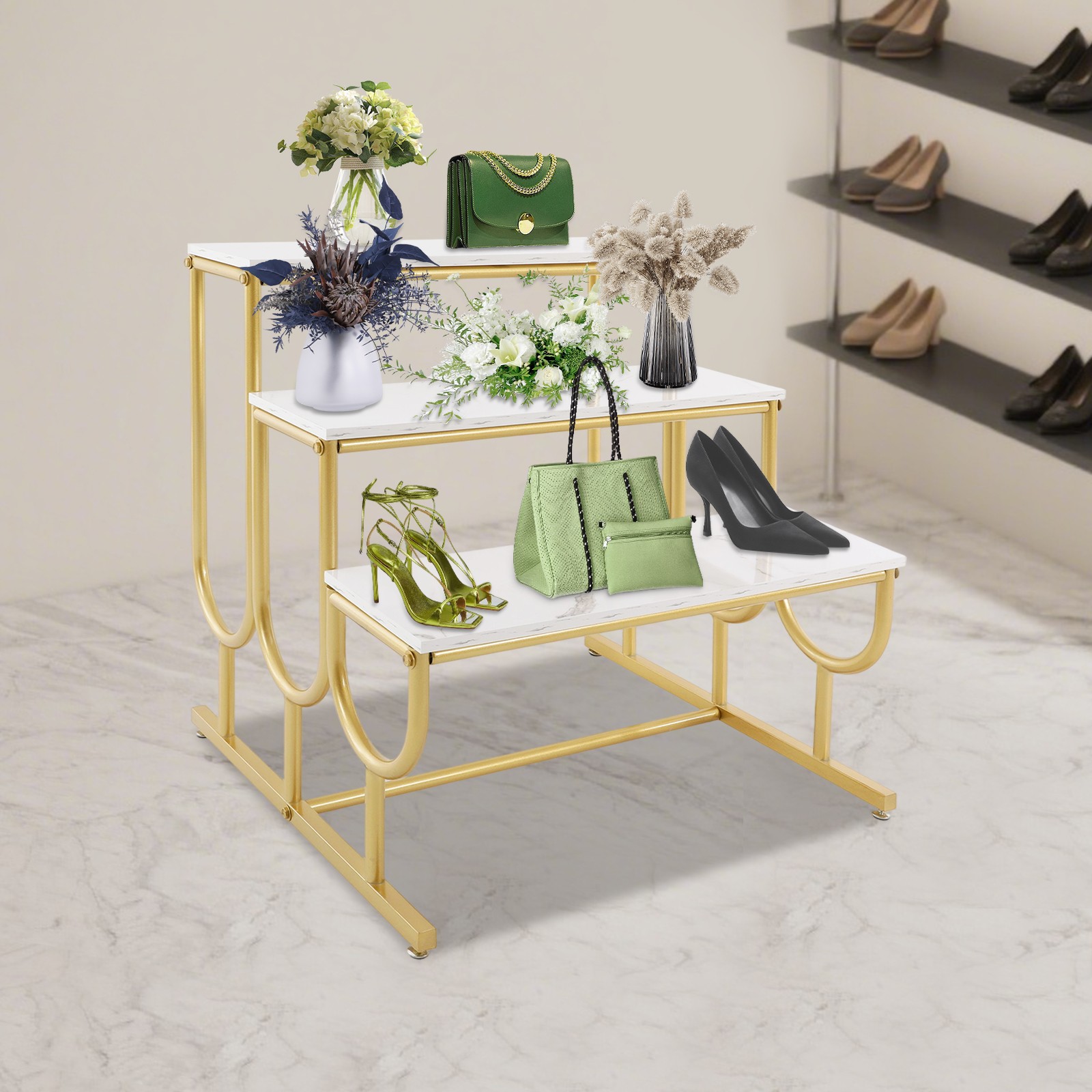 Shoe Display Table, 3 Tier Heavy Duty Display Stands, Standing Display Shelf