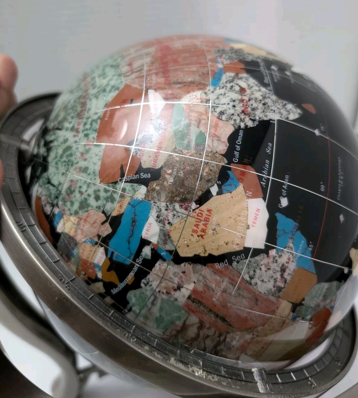 World Globe-Semi-Precious Inlaid Stone and Shells w Compass