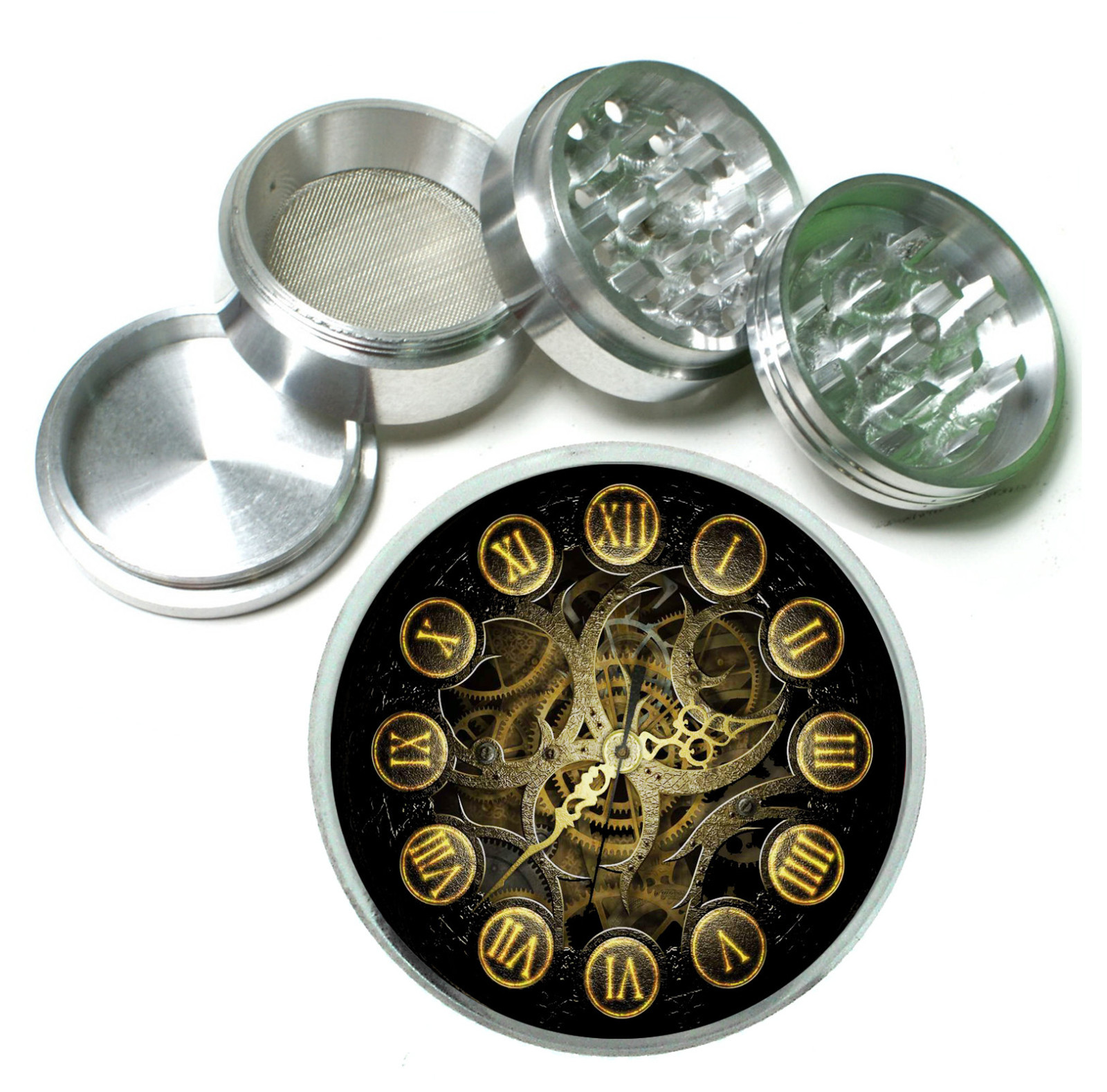 Steampunk Clock Rs1 Themed Aluminum Herb Grinder 63mm 4 Piece Hand Mueller