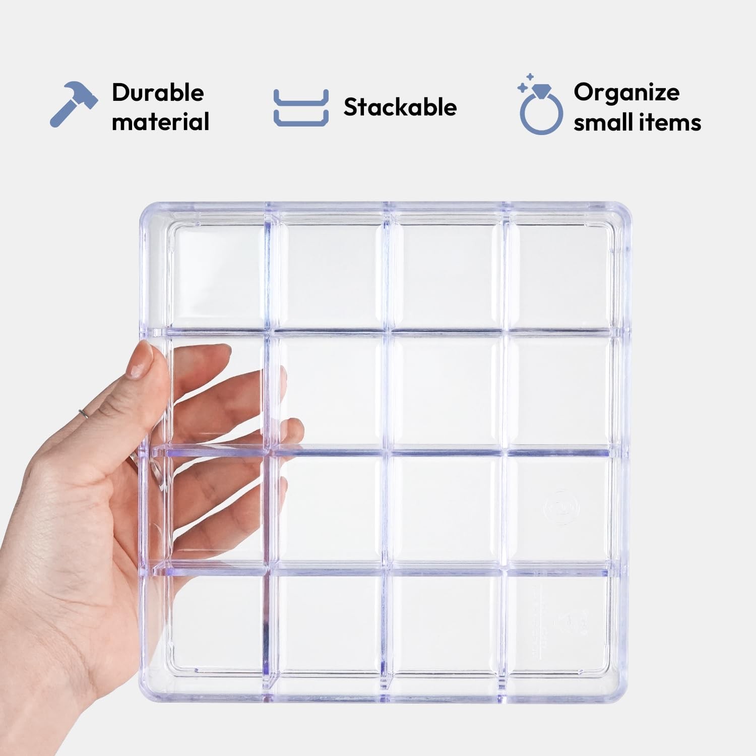 Small Stackable Jewelry Organizer Tray, 16 Grid, Clear Plastic Drawer Organiz...