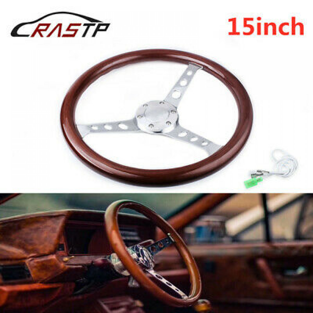 6 Hole 15" 380mm Chrome Steering Wheel with Dark Wood Mahogany Grip