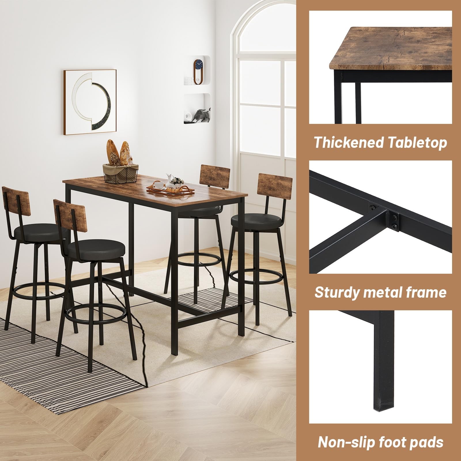 5-Piece Dining Table Set, Bar Table Set for 4, Kitchen Table and Chairs, Coun...