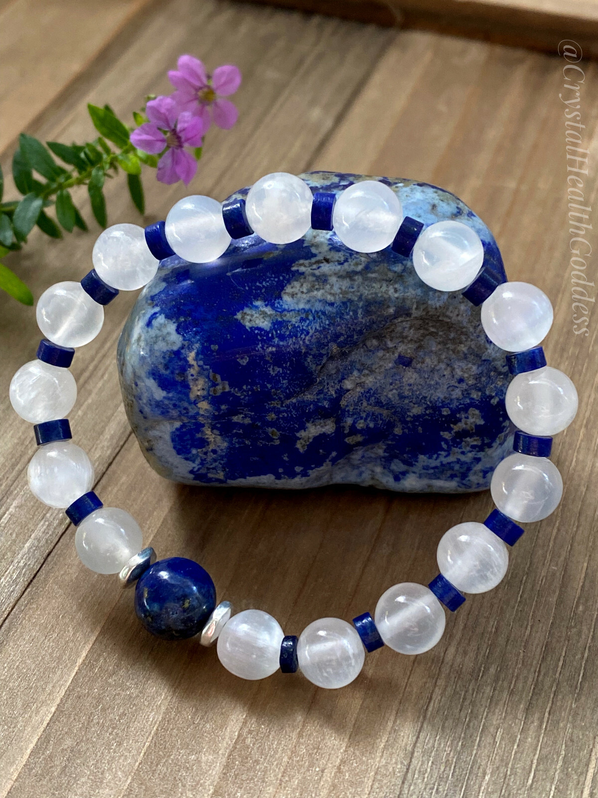 Selenite Lapis Lazuli Bracelet 925 Sterling Silver