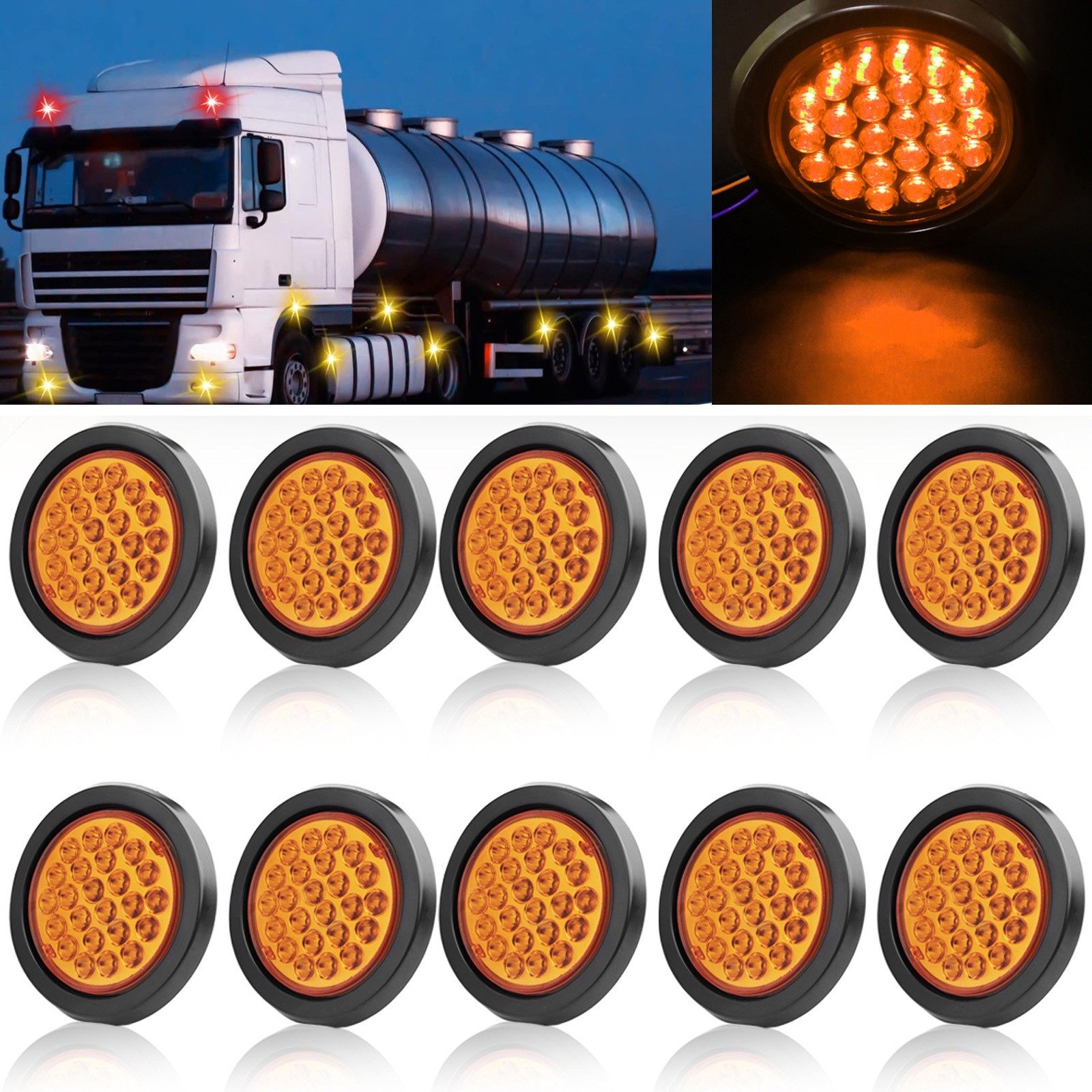 2-10Pcs 4" inch Amber Round LED Truck Trailer Turn Signal Tail Lights Waterproof