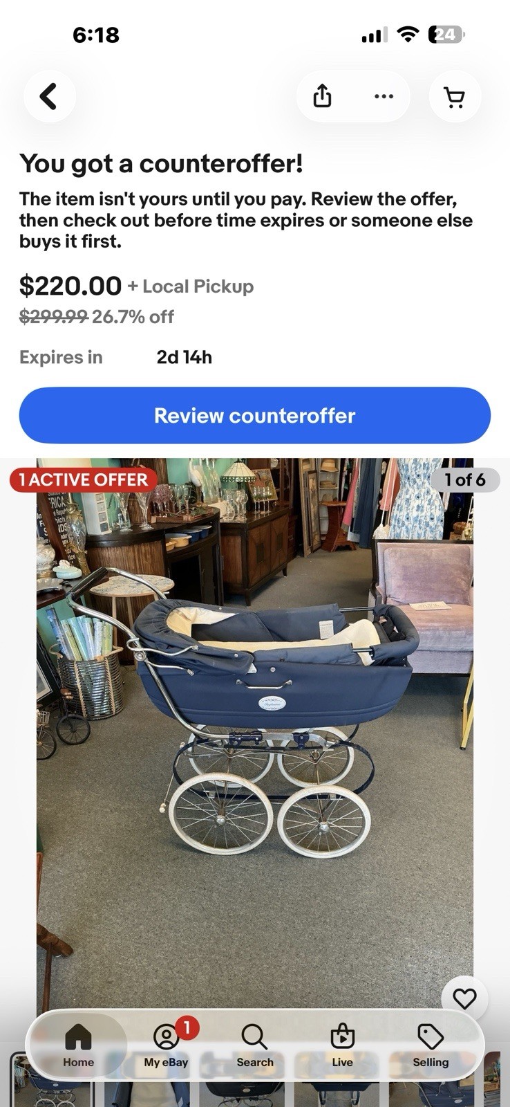 Silver Cross Blue & White Baby Carriage Pram w/ Bassinet Carrycot, Single