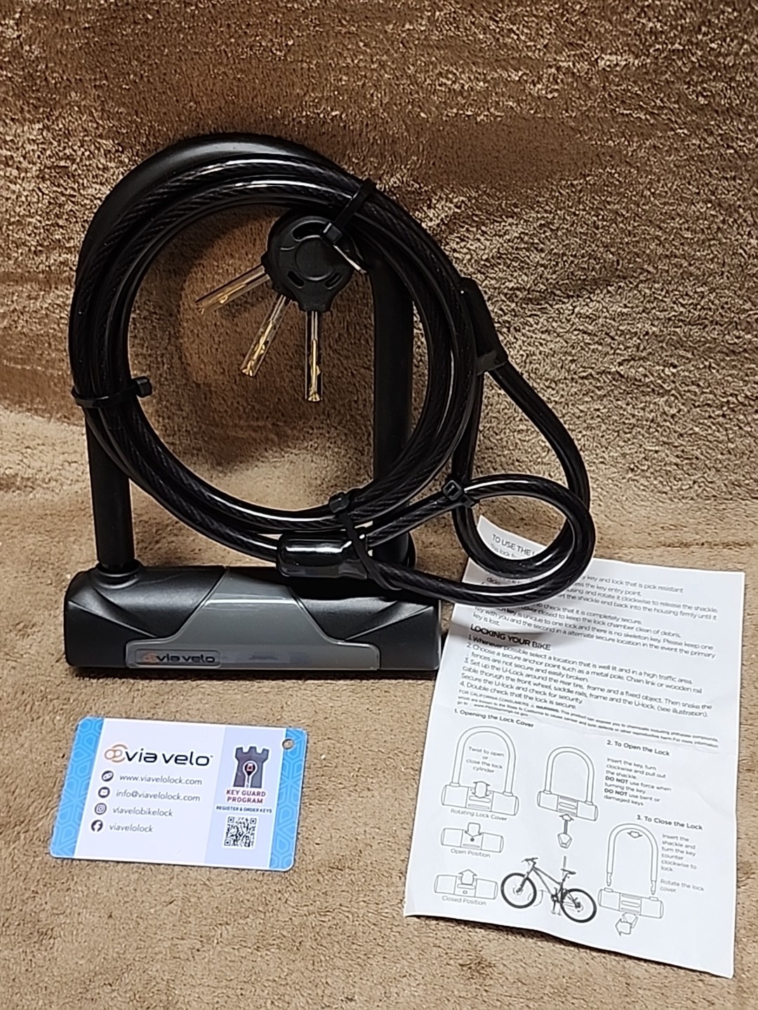 Via Velo Bike U-Lock with Cable,8mm Braided Steel and 3 Keys, 4ft Length
