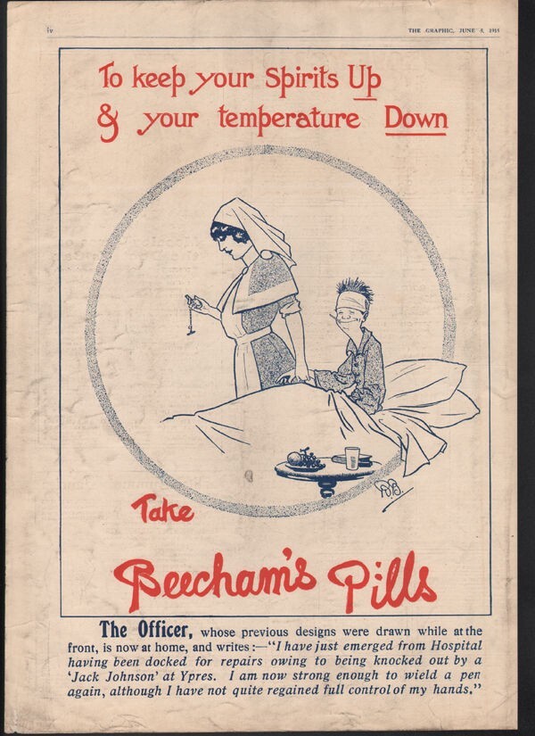 1915 BEECHAM PILL WAR MEDICAL QUACK NURSE BED WWI WATCH LONDON MEDICINE 20169