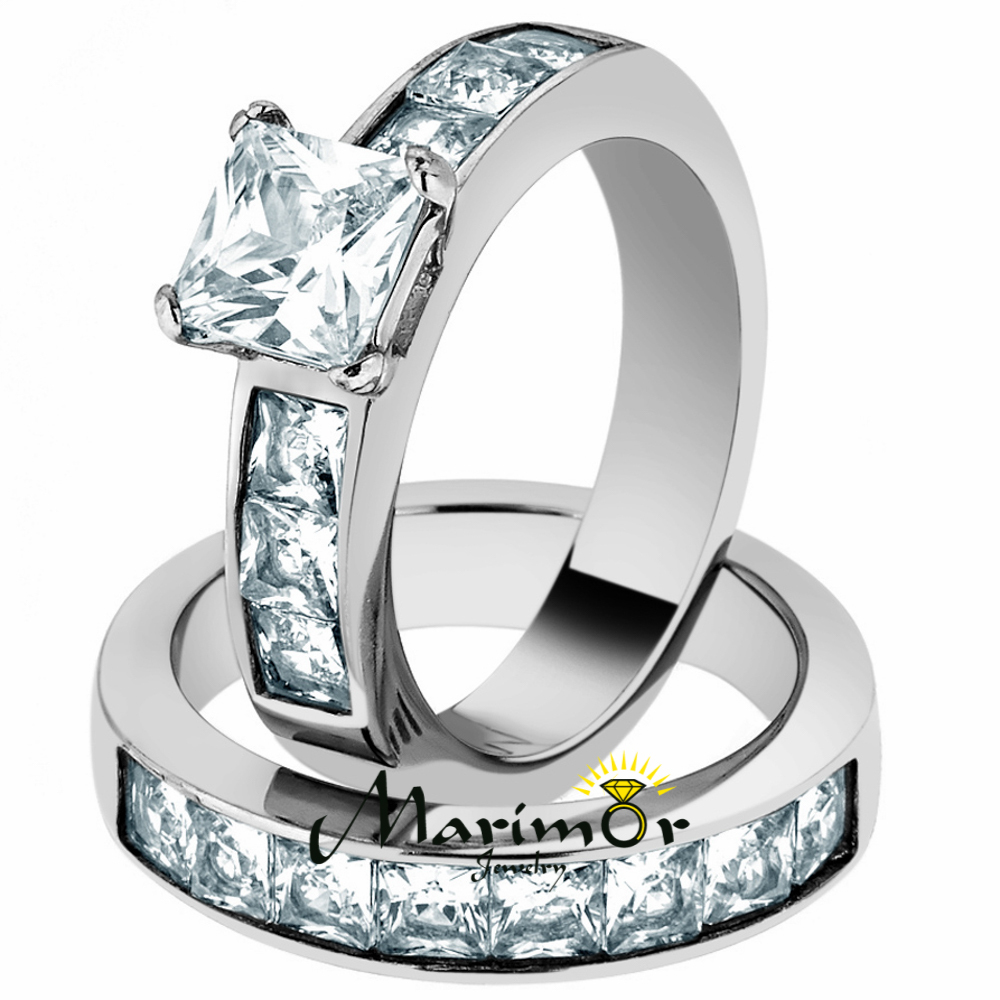 Stainless Steel Wedding Ring Set 3.75 Ct Princess Cut AAA CZ  Women's Size 5-11