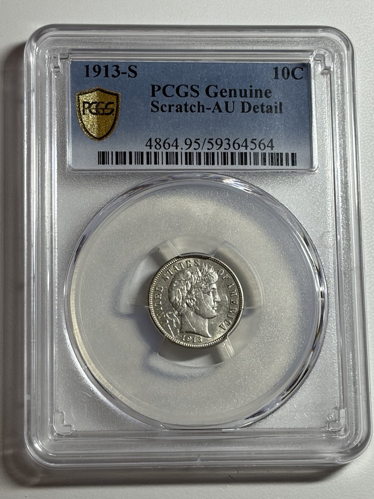1913-S Silver Barber Dime PCGS AU Details Nice Luster Key Date