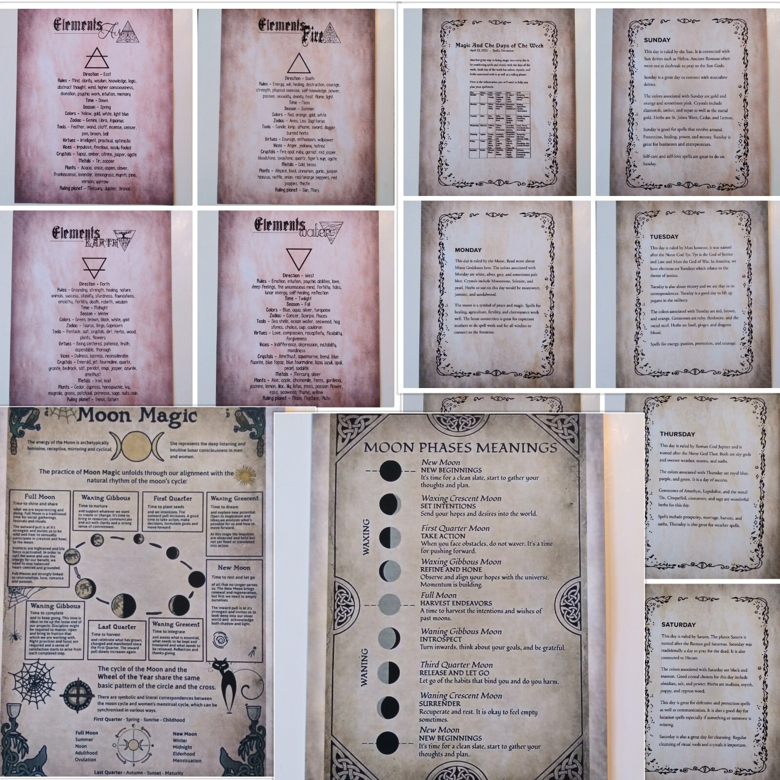Magical Elements-Week Days-Moon Phases 14 Pages For Book Of Shadows