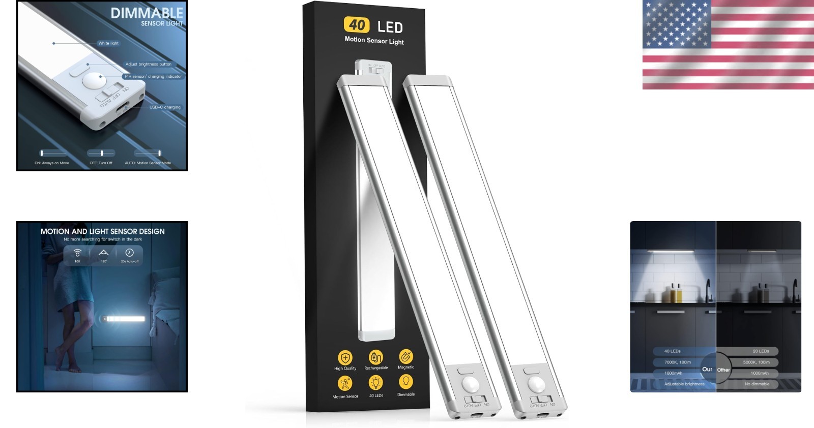 Elegant 10-Inch LED Under Counter Lights - Rechargeable Motion Sensor, Dimmable