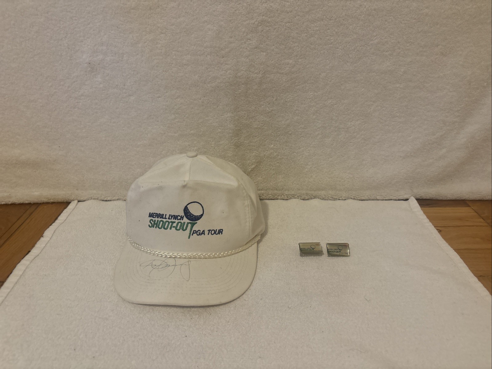 Vtg PGA Tour Merrill Lynch Shootout Golf Hat Strap Back White Rope W Pins