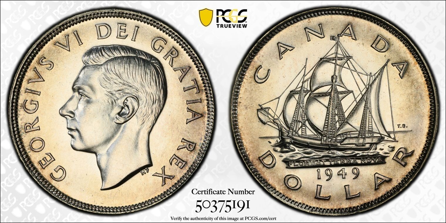 MS64 1949 $1 Canada "The Matthew" Silver Dollar, PCGS Trueview- Lightly Toned