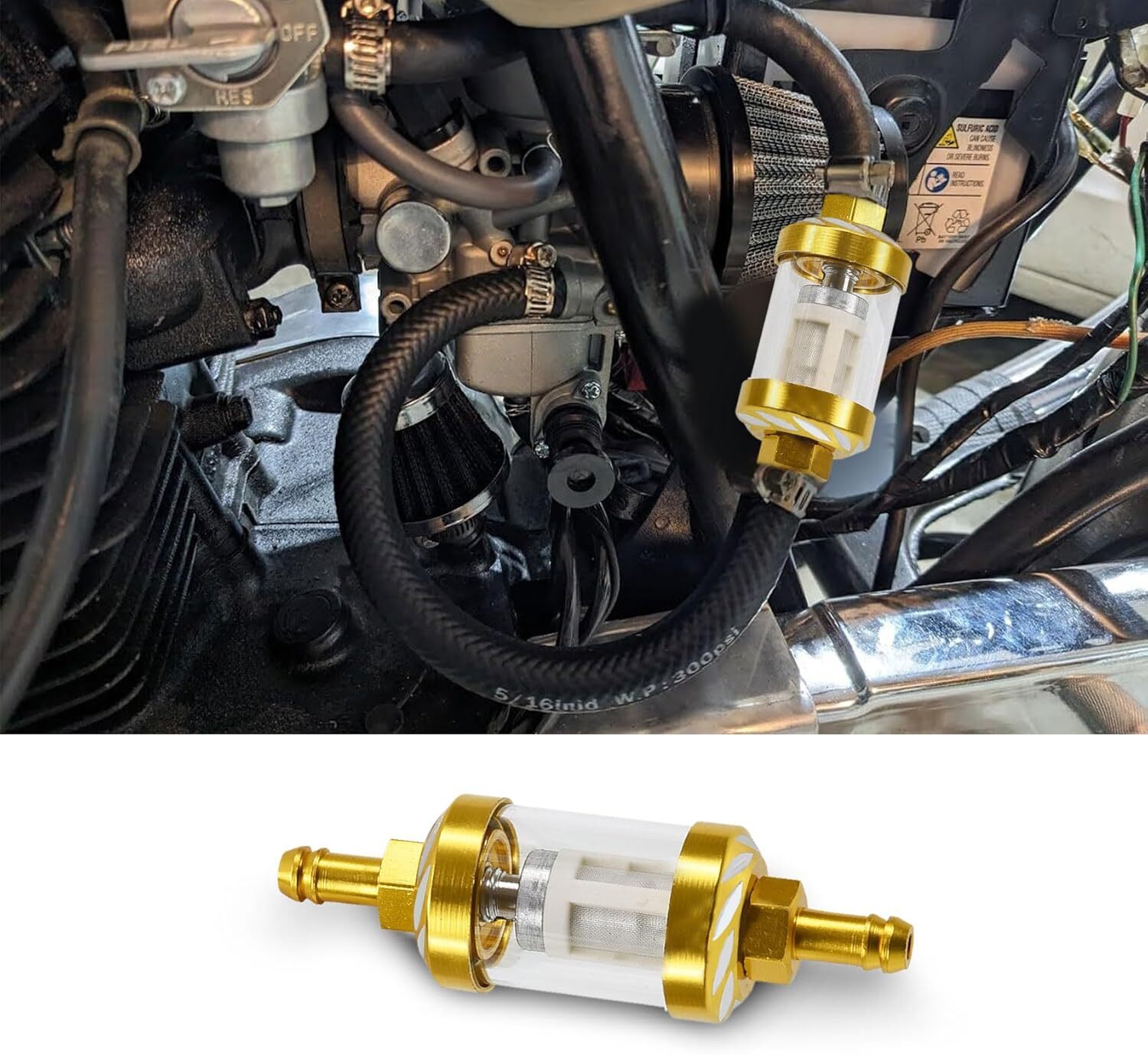 Automotive Fuel Filter, Inline 1.1" x 3.54" CNC Aluminum Gold