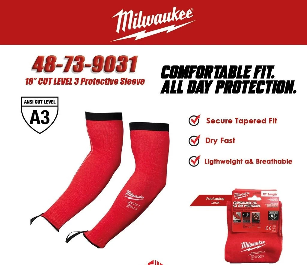 18" Milwaukee  Thumb Loop Stretch Cut Level 3 Resistant Protective Arm Sleeves