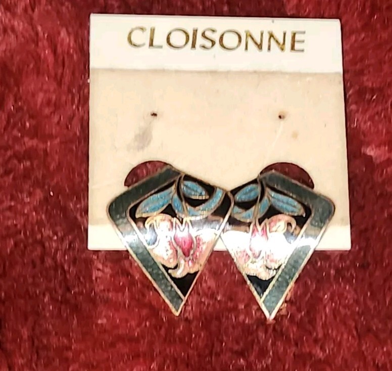 Vintage Enamel Cloisonne Clip On Fashion Earrings Flowers