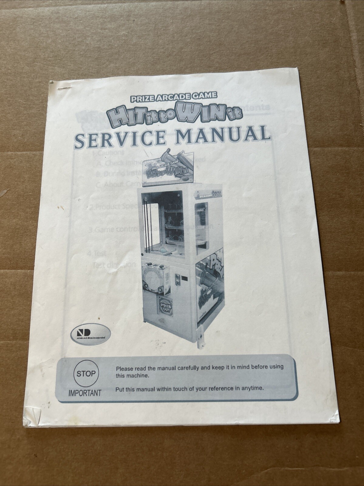 Original  Hit It To Win It Arcade game manual
