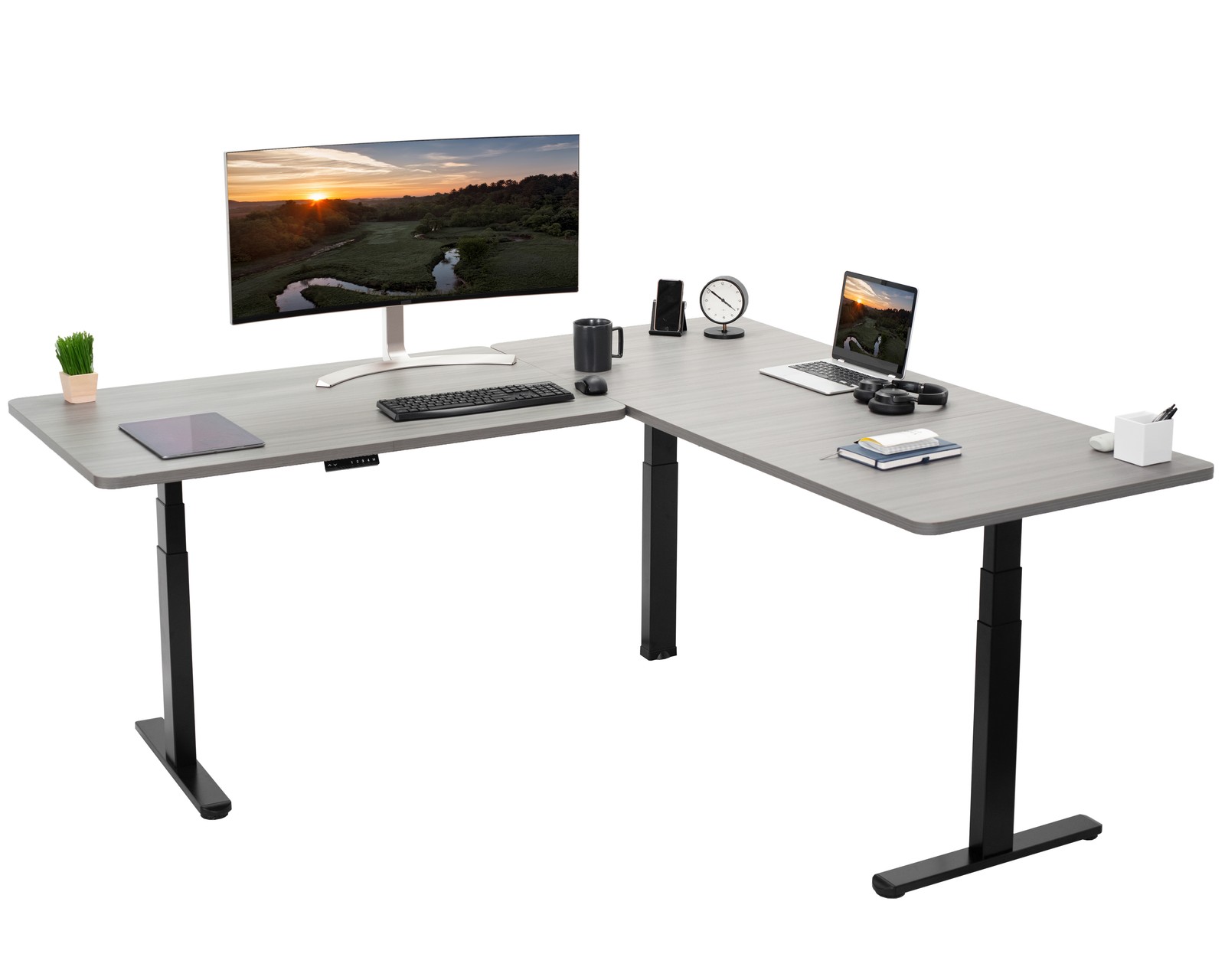 VIVO Electric 77" x 71" Corner Desk, Dark Gray Table Tops, Black Frame