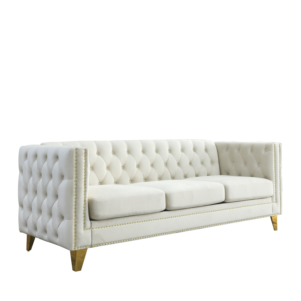 Velvet Sofa 3-Seater Tufted Chesterfield w/ Metal Legs Beige