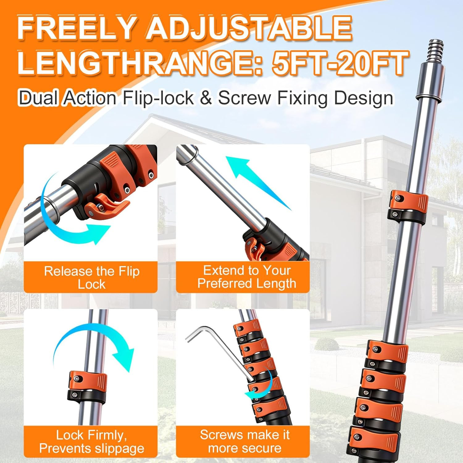 30FT High Window Cleaning Kit, 5-24 FT Telescoping Extension Pole with Dual Acti