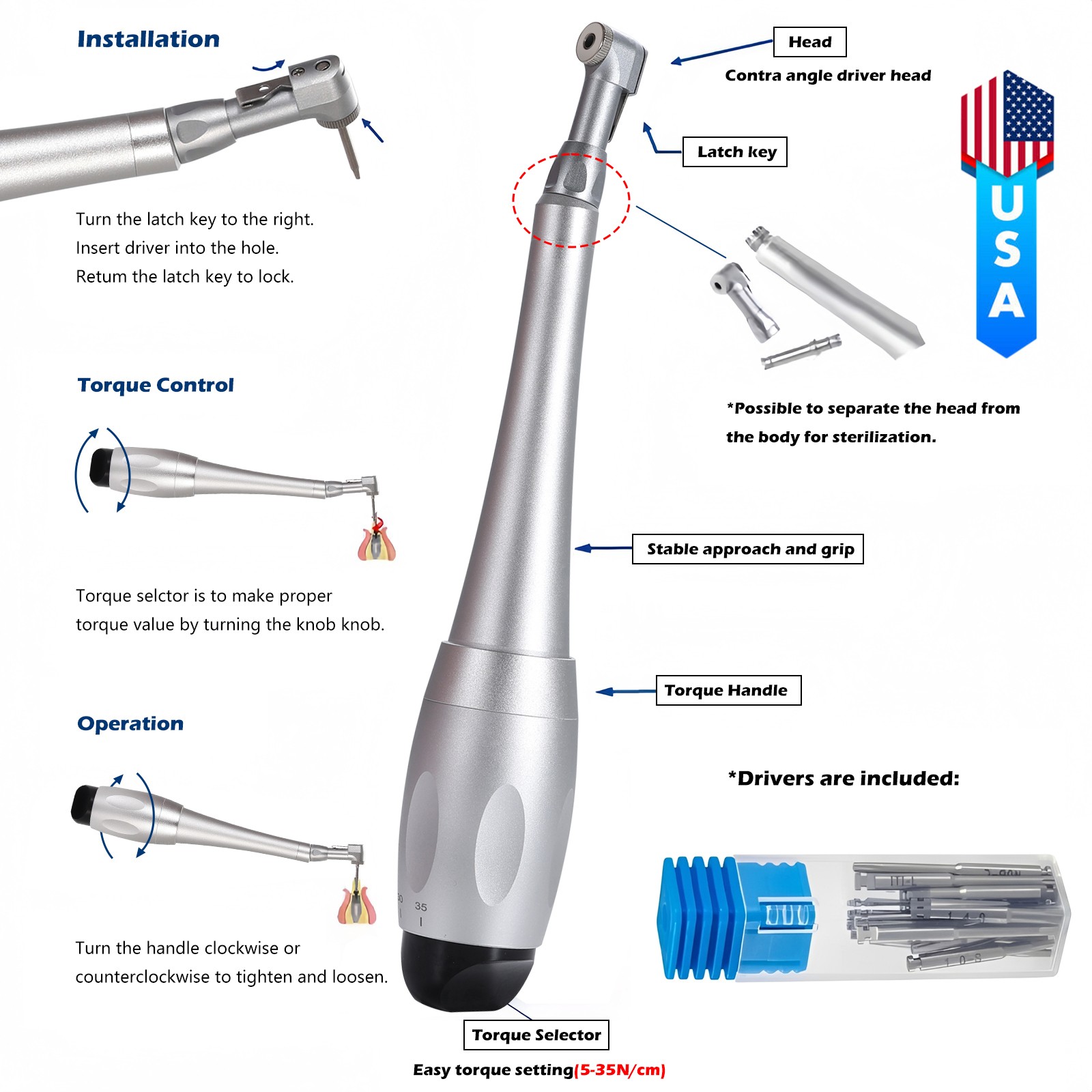 Dental Universal Implant Torque Wrench Handpiece Torque Wrench Driver USA
