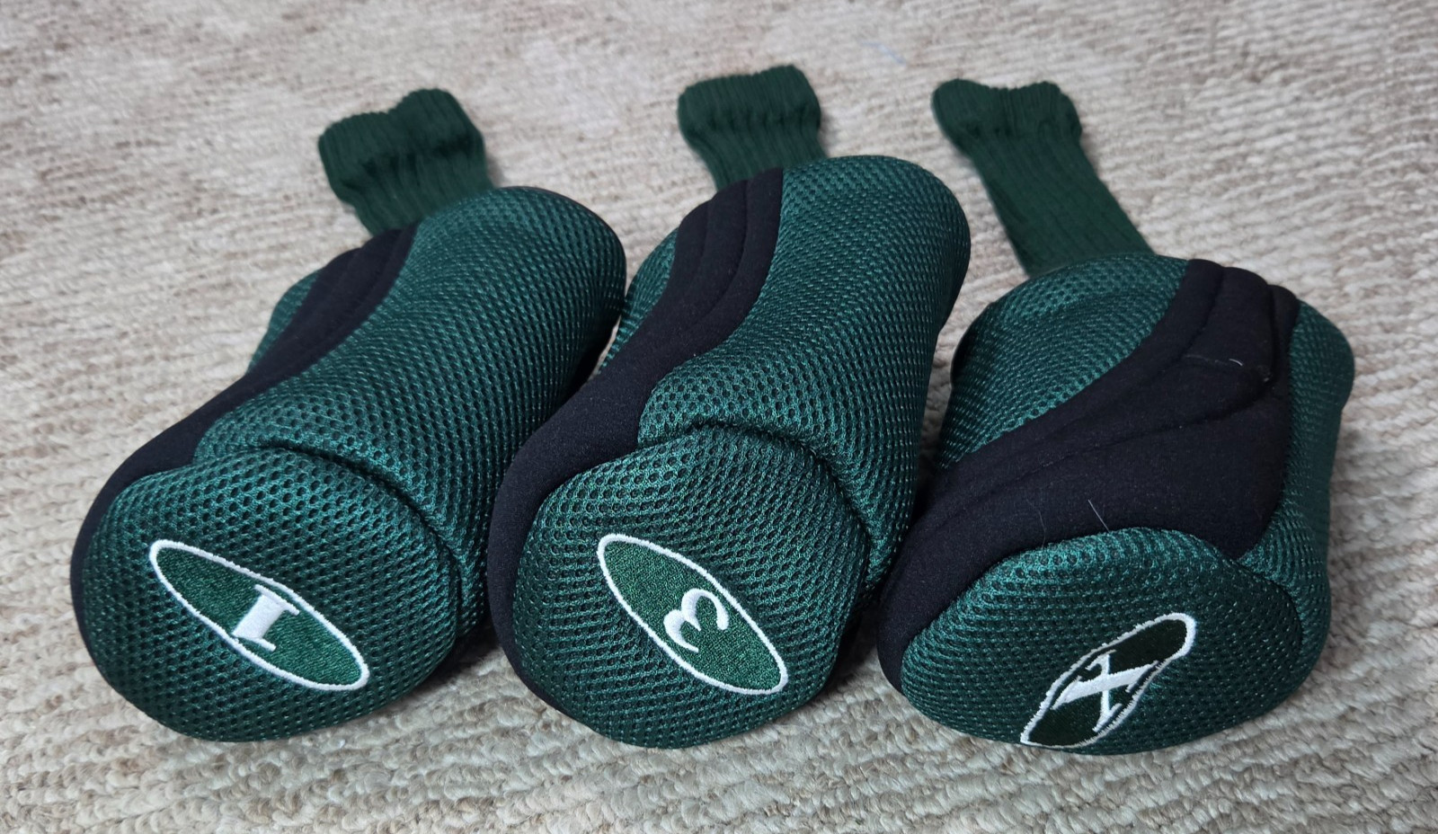 Set of 3 Golf Club Headcovers Green Black Mesh Long Neck 1, 3, and X Woods