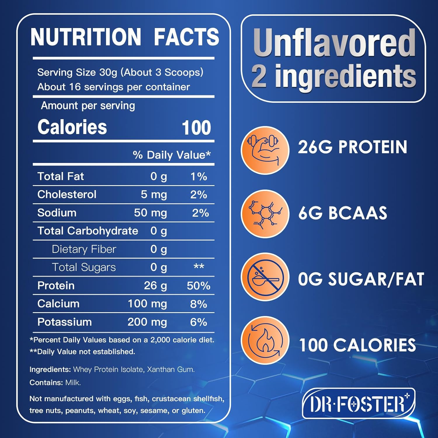 DRFOSTER Whey Protein Powder Isolate - Unflavored, Grass-Fed, 26g Protein & 6g B
