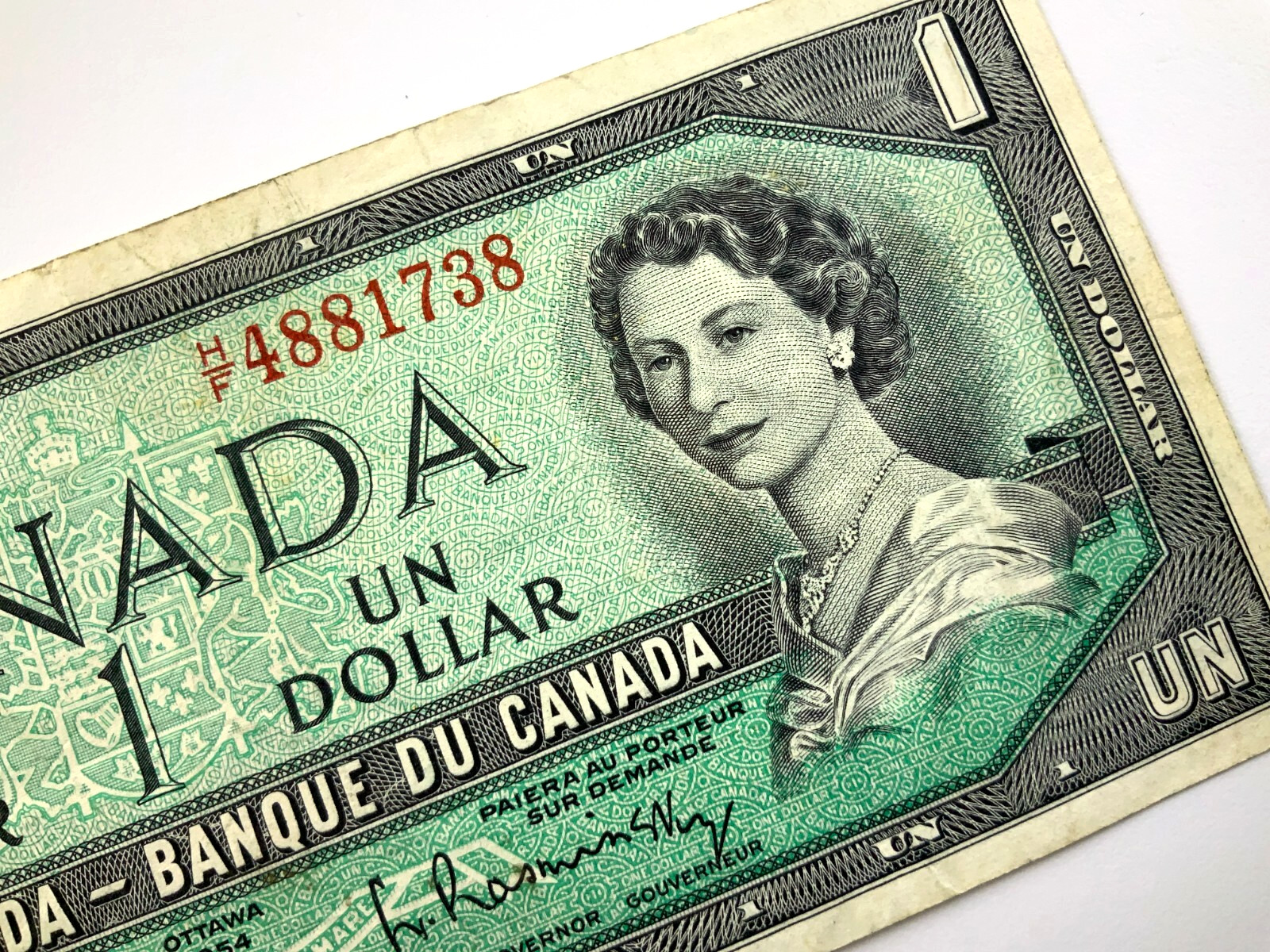 1954 Canada 1 One Dollar Circulated Banknote HF Prefix Beattie Rasminsky Y698
