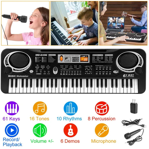 61‑Key Digital Music Keyboard – Kids Electronic Piano with Microphone, Demo Song