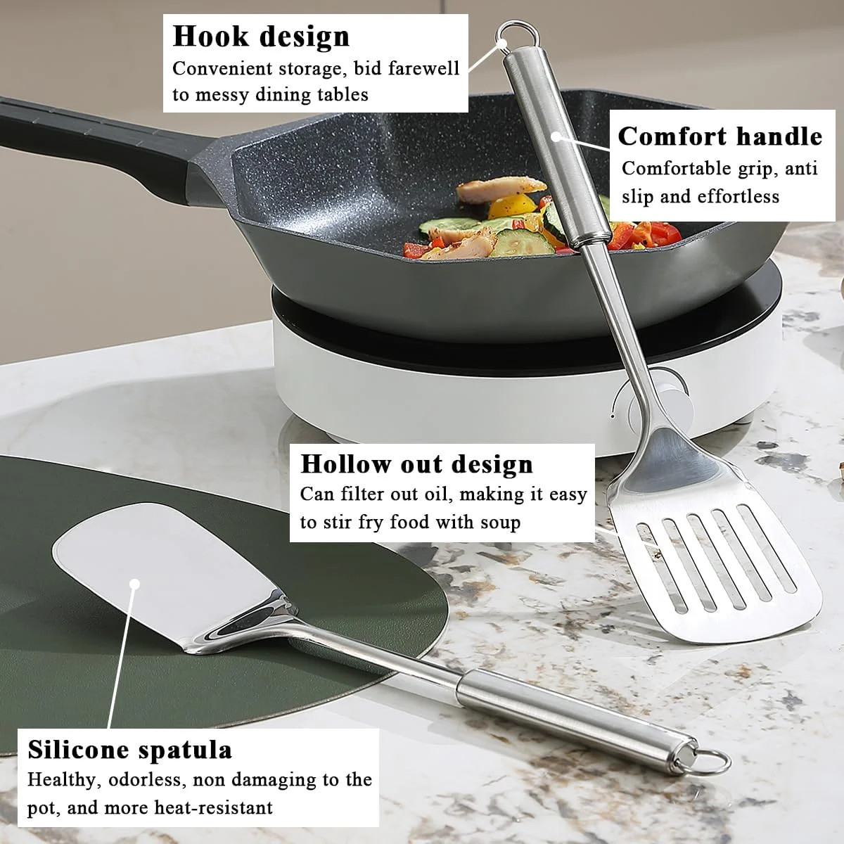 Stainless Steel Spatulas Set, ReaNea Silver Slotted Turner, Solid Turner, Heavy