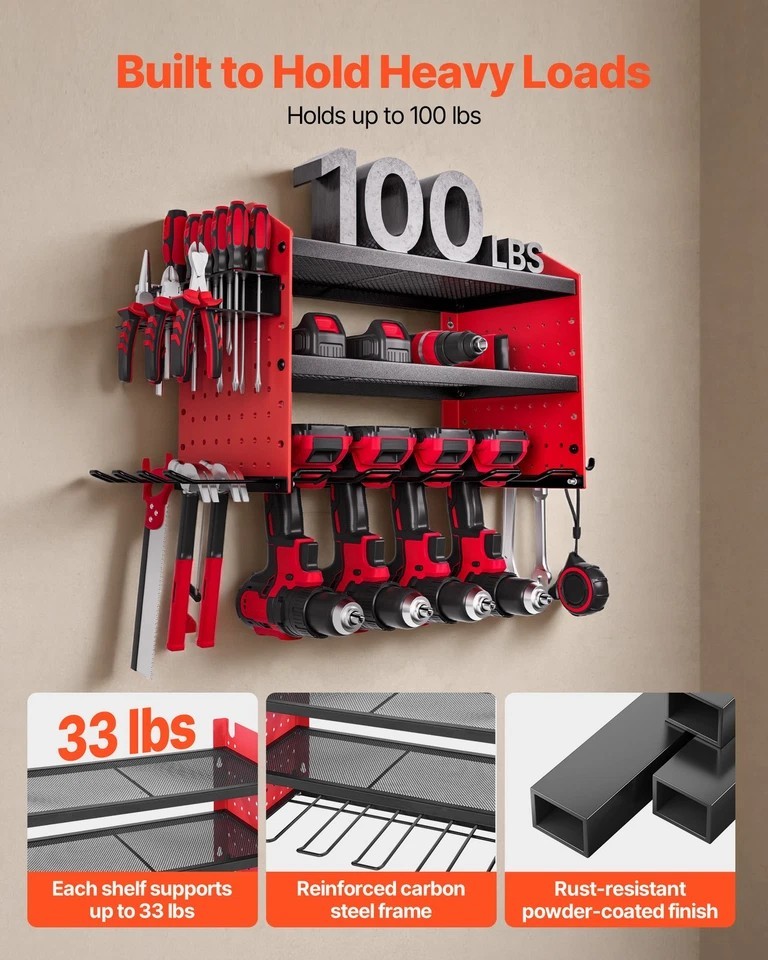 Power Tool Organizer Wall Mount 3-Layer Drill Storage Rack 4 Drill Holders