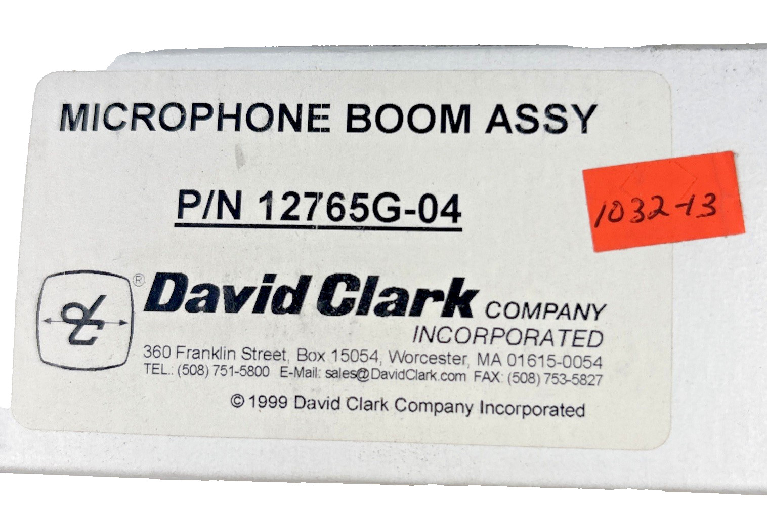 David Clark microphone boom assembly PN 12765-04