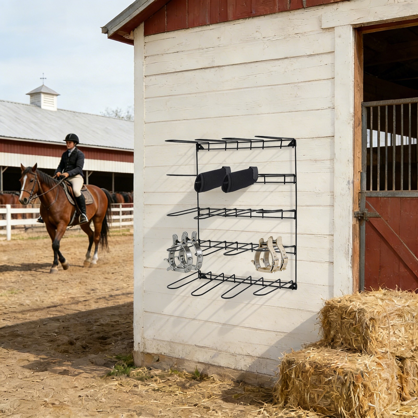 Wall-Mounted Stable Tack & Tool Storage Rack w/ 5-Tier Hook Design(Black)