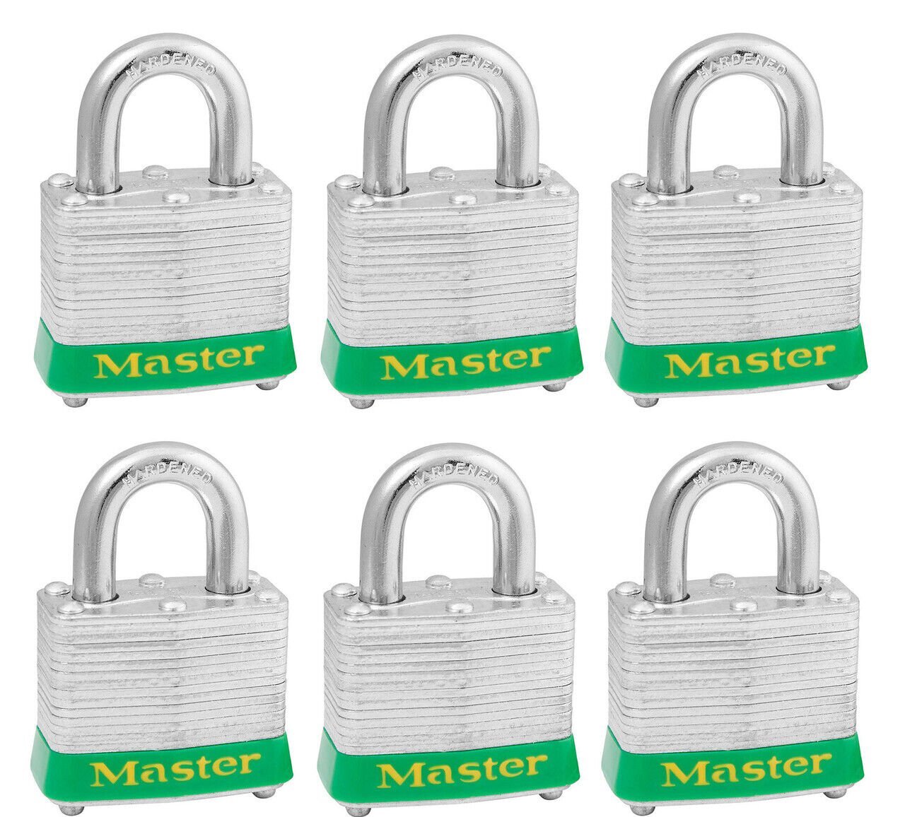 (6MCH5) 3KAS6GRN Padlock, Green Bumper Set of 6 Keyed alike with 2 keys per set