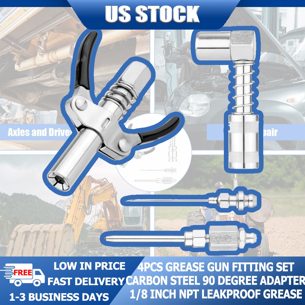 Grease Gun Fitting Kit 4-Piece Carbon Steel Leak-Free 1/8"NPT Industrial/Auto