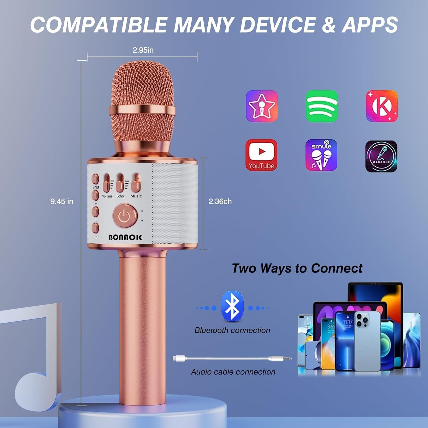 Rose Gold Wireless Bluetooth Karaoke Microphone with Volume Control for All Ages