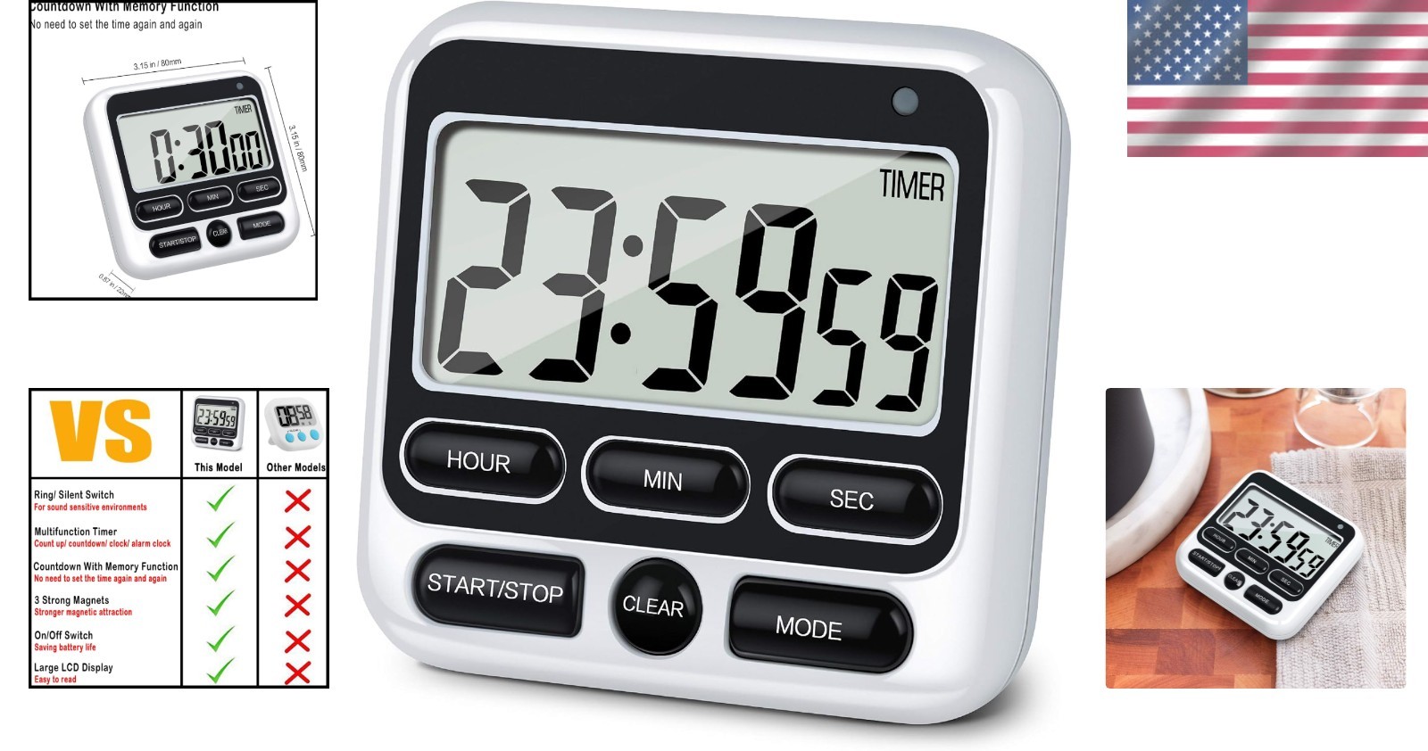 Ktkudy Digital Kitchen Timer – Mute/Loud Alarm, 12-Hour Clock & Memory Function