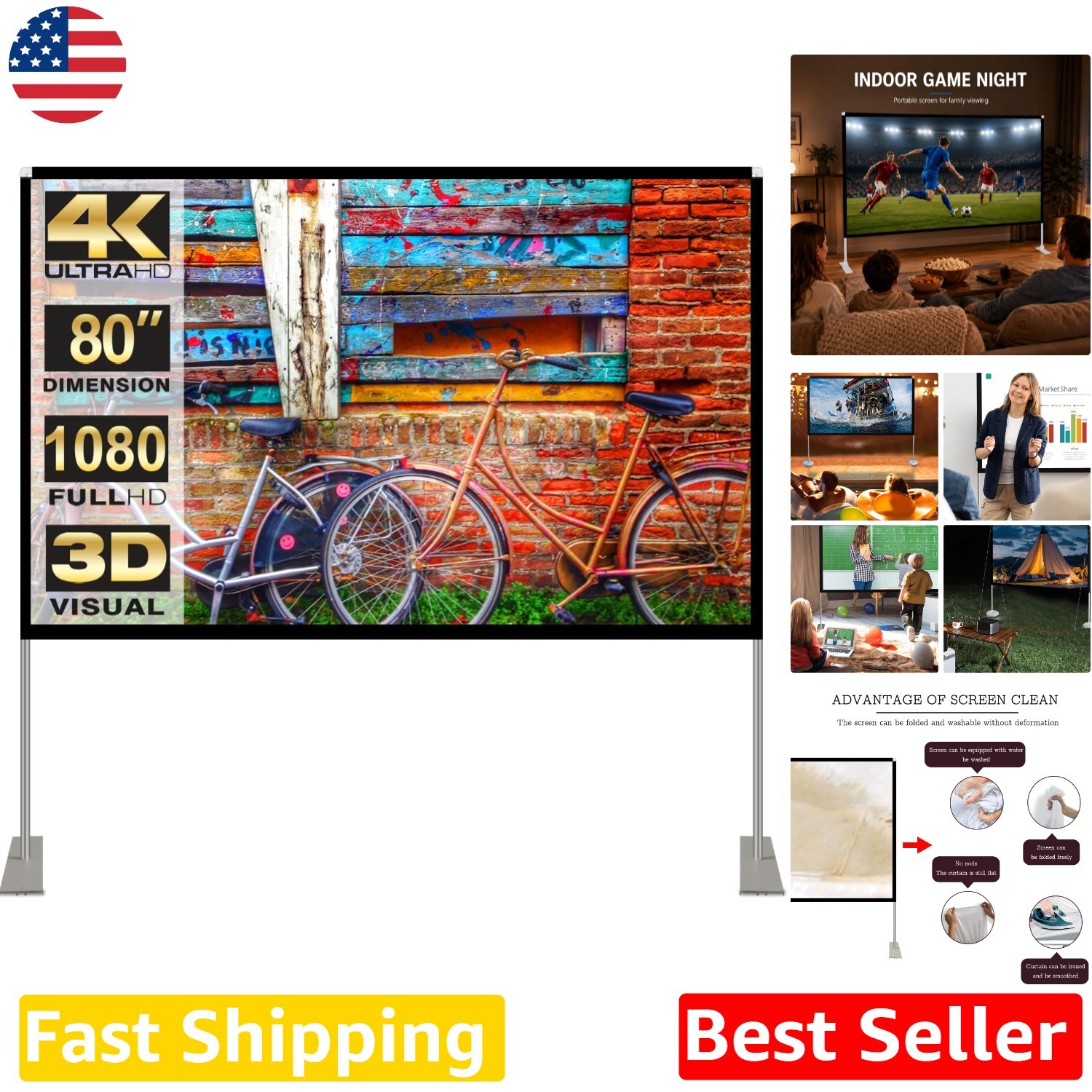 Foldable 80" 4K HD Projector Screen w/ Stand & Carry Bag - Wide Angle